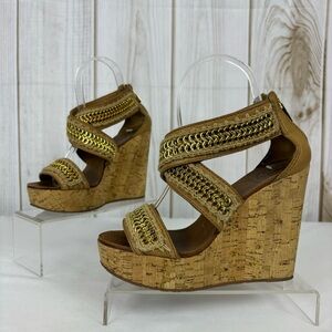 Tory Burch Lucian Sandals Leather Gold Chain Strappy Platform Wedges Tan Size 6